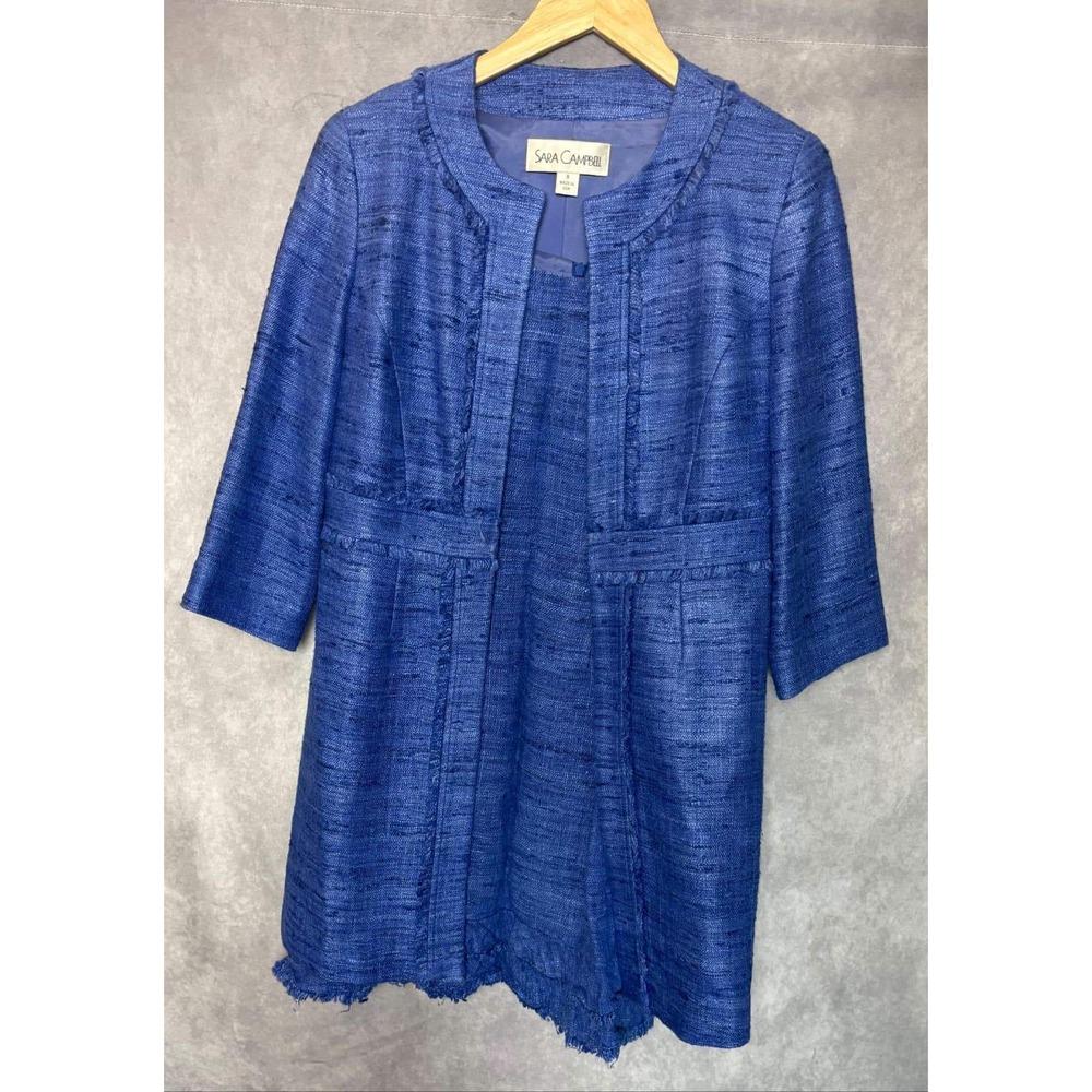 Sara Campbell Blue 100% Silk Dress and Jacket Set Fringed Textured Size 4/S